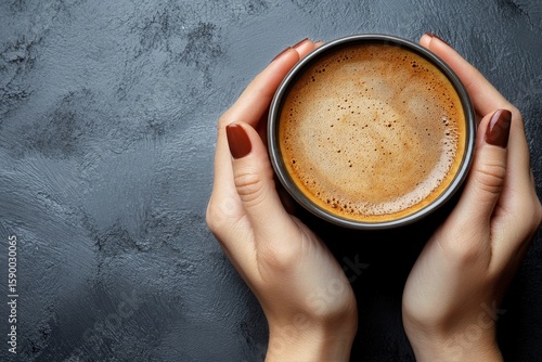 Warm Cup of Coffee Held in Hands Against a Textured Dark Background