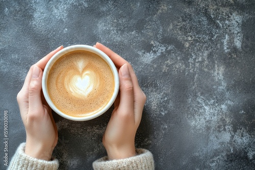 Enjoying a Cozy Cup of Coffee With Heart Latte Art on a Gray Background Durin...