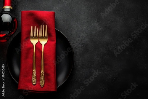 Elegant Dining Setup With Golden Forks and Wine Bottle on a Dark Surface