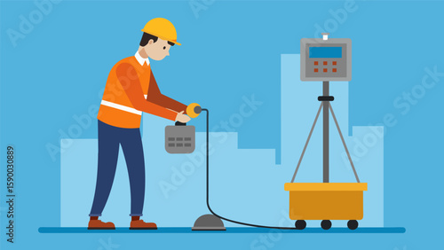 A technician uses a portable watercement ratio meter to ensure the proper balance of water in the concrete mix for optimal strength.. Vector illustration