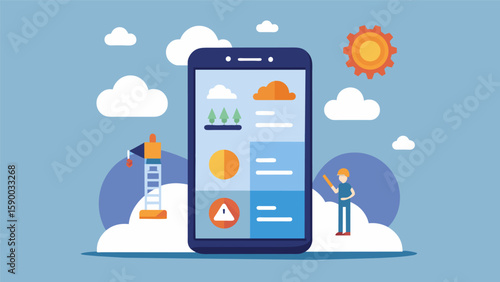 A smartphone screen displaying a weather forecast feature allowing managers to plan and adjust construction schedules based on potential weather. Vector illustration