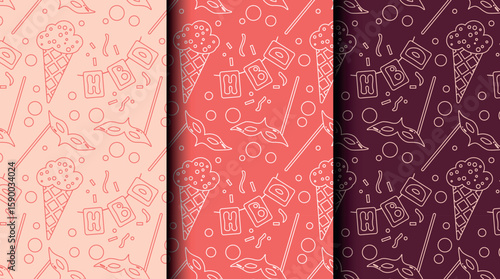 Set of seamless celebration patterns in outline style with red monochrome palette. Ideal for wrapping, invites, and party-themed design assets