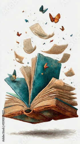 Floating Open Book With Butterflies and Flying Pages in a Whimsical Setting