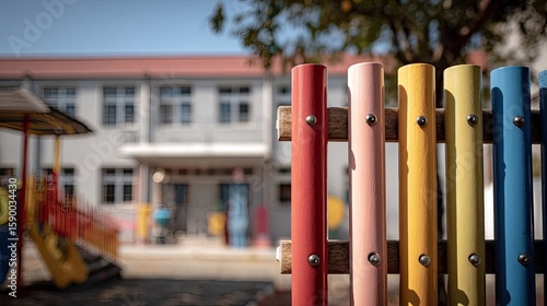 Colorful playground xylophone fence in front of school
