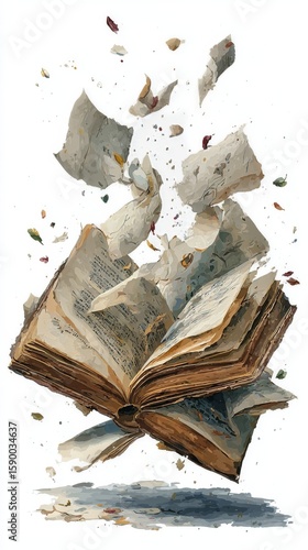 Floating Open Book With Butterflies and Flying Pages in a Whimsical Setting.
