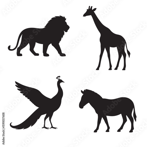 Silhouetted Safari Animals a Lion, Giraffe, Zebra, and Peacock.