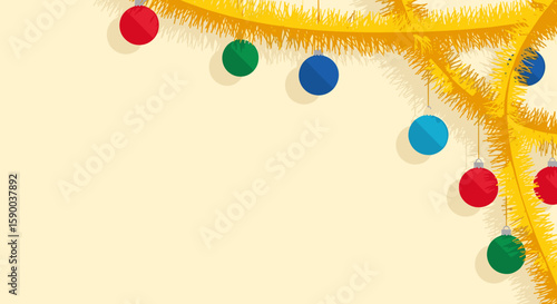Colorful Christmas ornaments and tinsel on a light background  