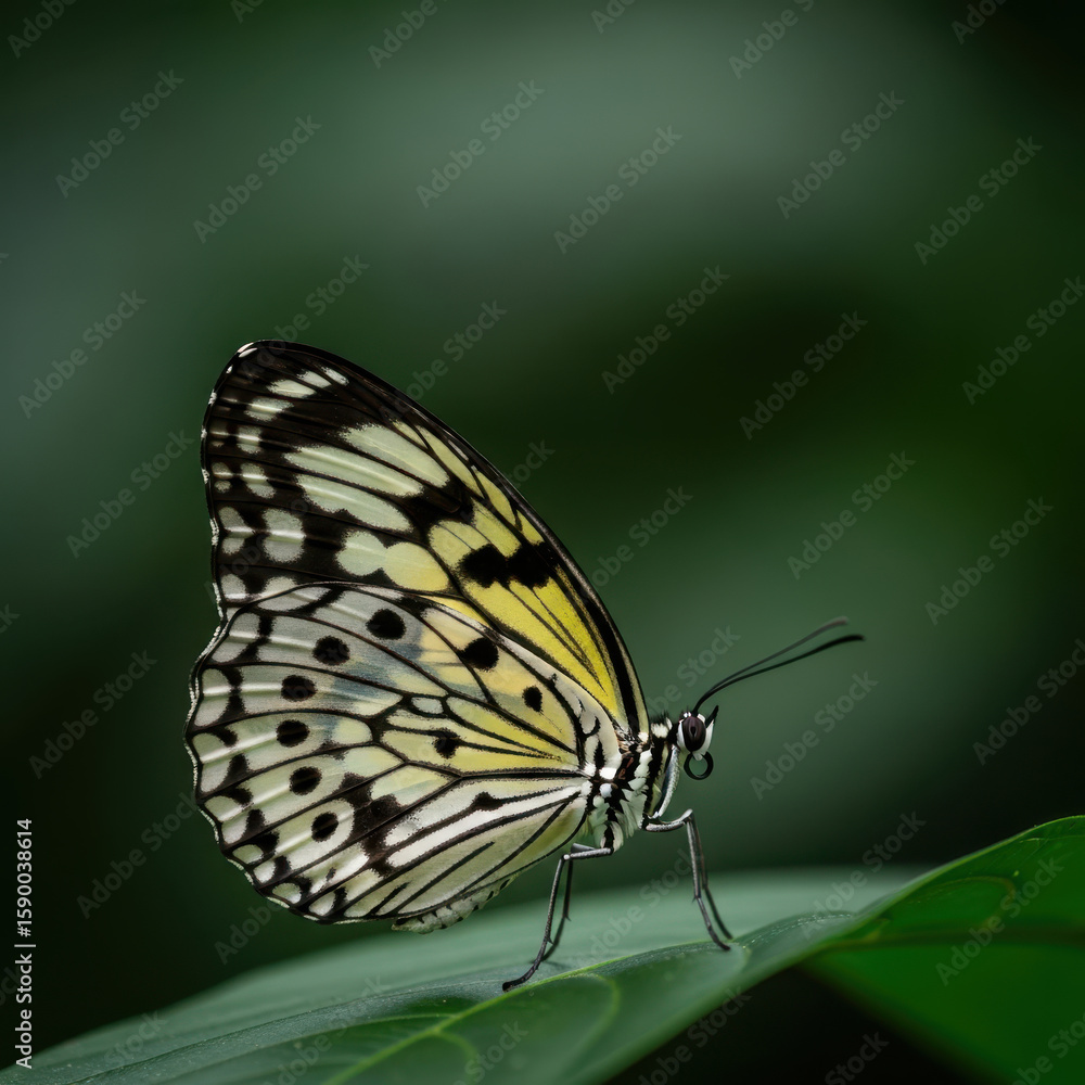 Fototapeta premium A delicate butterfly with black and white patterned wings rests on a green leaf