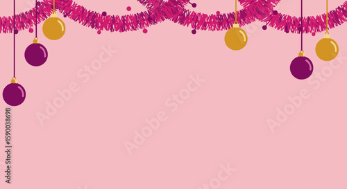 Holiday decorations with colorful ornaments and tinsel on pink background  