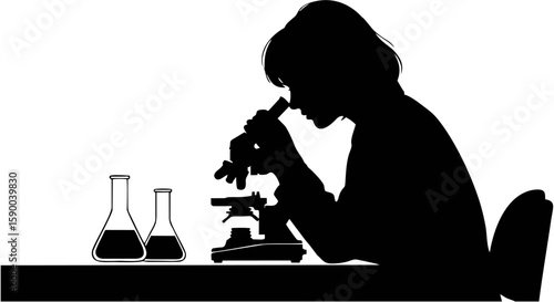  Black silhouette of female scientist looking into microscope on lab table, symbolizing scientific research, innovation, and knowledge, clean vector design on white background