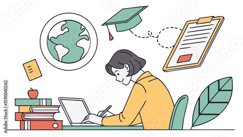 Student Studying – Vector Illustration of Online Learning and Education Concept