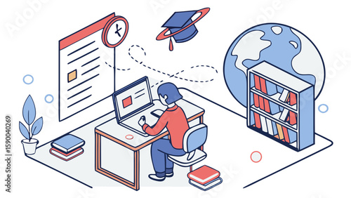 Student Studying – Vector Illustration of Online Learning and Education Concept