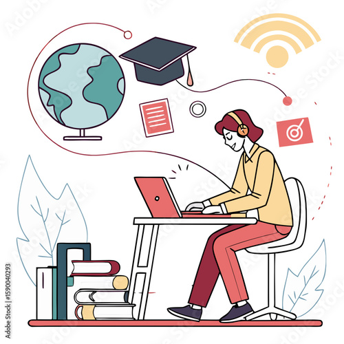 Student Studying – Vector Illustration of Online Learning and Education Concept