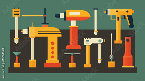 A display of handoperated drills and hammers highlighting the manual labor required in early construction ods.. Vector illustration