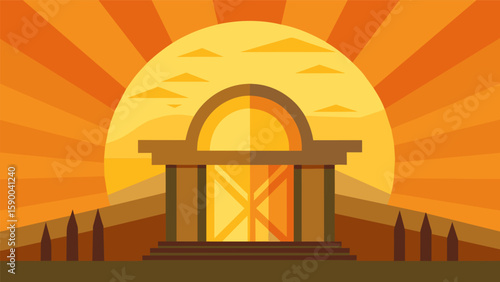 A glowing orange and yellow sunrise casting a warm glow on the halfbuilt structure as if giving it a good morning greeting.. Vector illustration