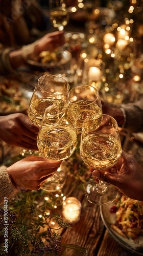 Friends Celebrate With Toasts of Sparkling Wine During a Cozy Evening Gatheri...