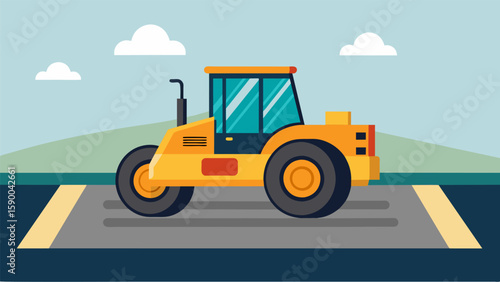 A road roller compacting the newly laid pavement to ensure a smooth and durable surface.. Vector illustration