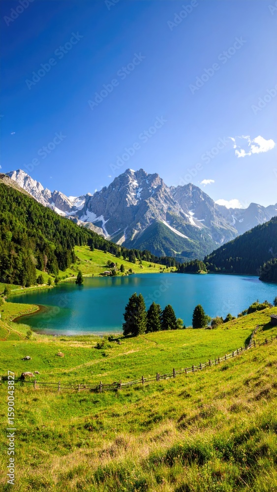 Fototapeta premium Alpine lake nestled in a valley (2)