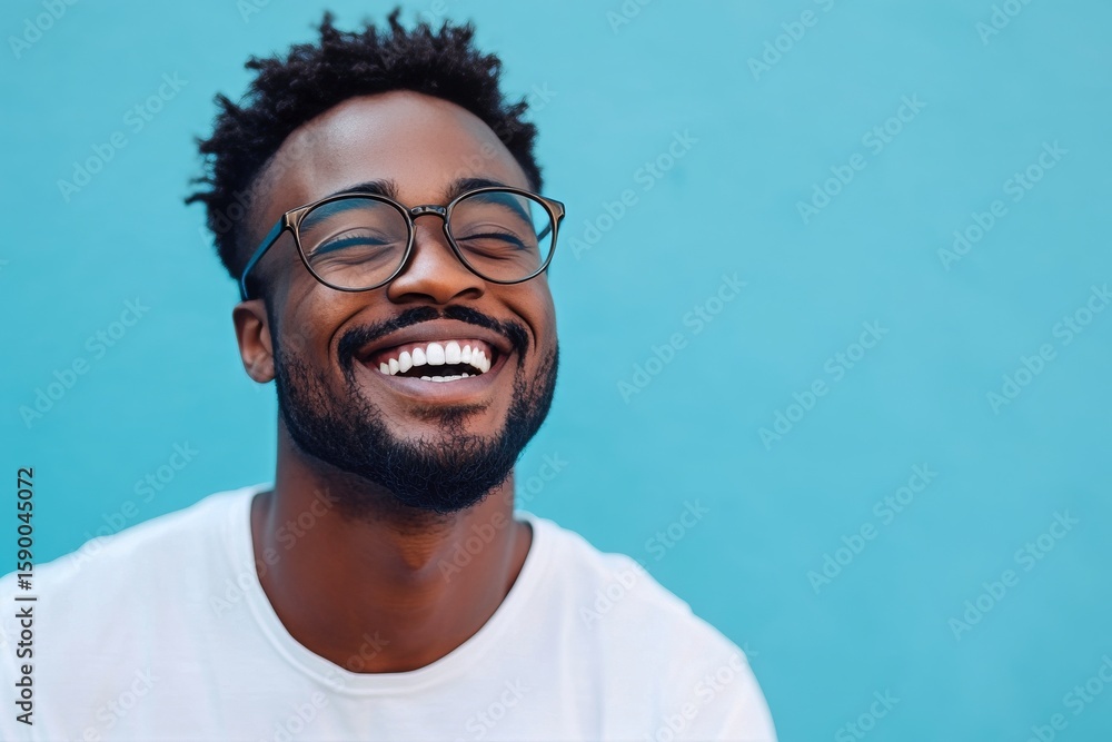 Obraz premium Joyful Man Smiling Against a Bright Blue Background During a Sunny Day Outdoors
