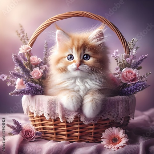 Adorable Kitten in a Basket of Flowers