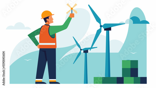 A worker conducting a safety inspection on a newly assembled wind turbine making sure all parts are secure and functional.. Vector illustration