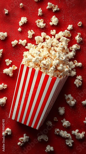 Delicious Popcorn Spilling From Striped Box on Vibrant Red Backdrop During Mo...