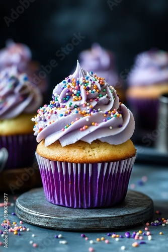 Colorful Cupcakes With Purple Frosting and Sprinkles on a Dark Surface in a C...