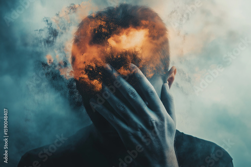 Abstract depiction of navigating turbulent emotions: a distressed man with a head engulfed in smoke, symbolizing BPD and seeking stability.