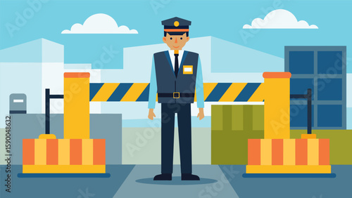 A uniformed security guard stationed at the entrance of the construction site monitoring all incoming and outgoing vehicles.. Vector illustration