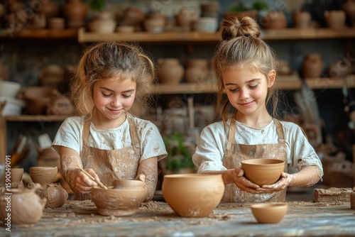 Two Girls Creating Pottery in a Cozy Workshop Surrounded by Handcrafted Ceram...