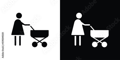 Woman with Baby Stroller icon vector flat symbol, glyph sign. icon concept illustration