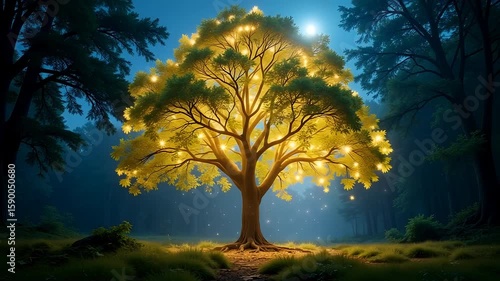 Enchanted tree glows with magical light in a peaceful forest at night under a full moon, creating a serene landscape.