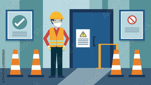 A large poster near the entrance displays the sites safety regulations and procedures reminding everyone to wear hard hats and safety vests.. Vector illustration