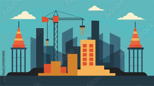 A stark contrast can be seen between the scaleddown architectural model and the towering cranes that loom over the actual construction site.. Vector illustration