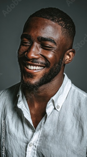 Smiling Man in a White Shirt Poses for the Camera Against a Neutral Background.