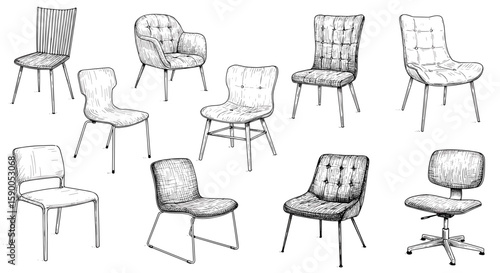 Collection of modern trendy chairs 2025– vintage ink sketch hand-drawn black and white vector illustration
