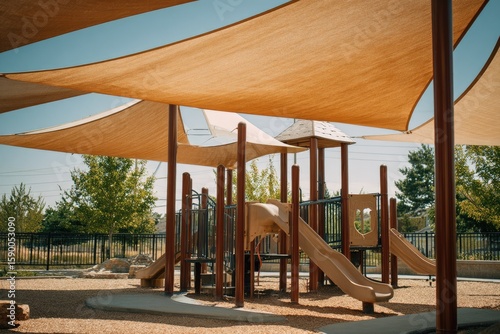 Outdoor playground with beige shade sails