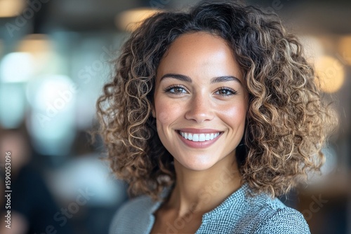 Smiling Woman With Curly Hair in a Bright Indoor Setting During Daytime
