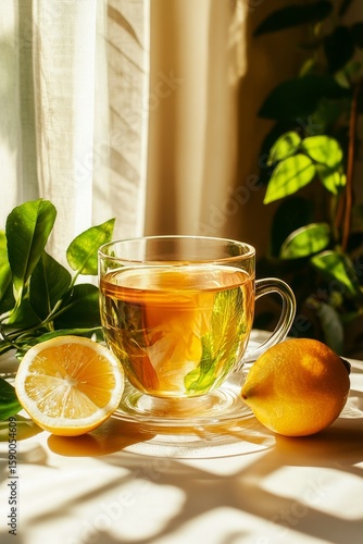 Warm Cup of Tea With Lemon and Green Leaves Illuminated by Sunlight