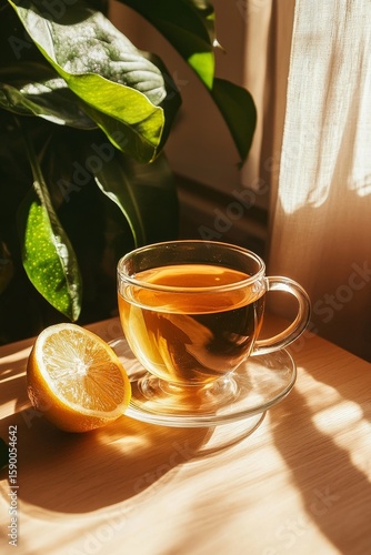 Warm Cup of Tea With Lemon and Green Leaves Illuminated by Sunlight.