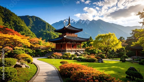 Autumnal temple nestled in a serene valley