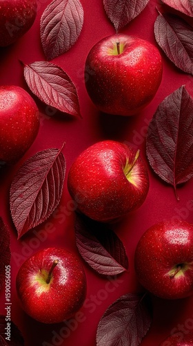 Fresh Red Apples Arranged With Green Leaves on a Vibrant Red Background for a...