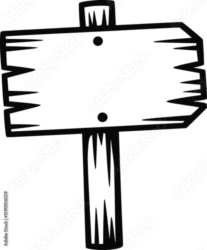 Simple black and white cartoon illustration of a weathered wooden sign.