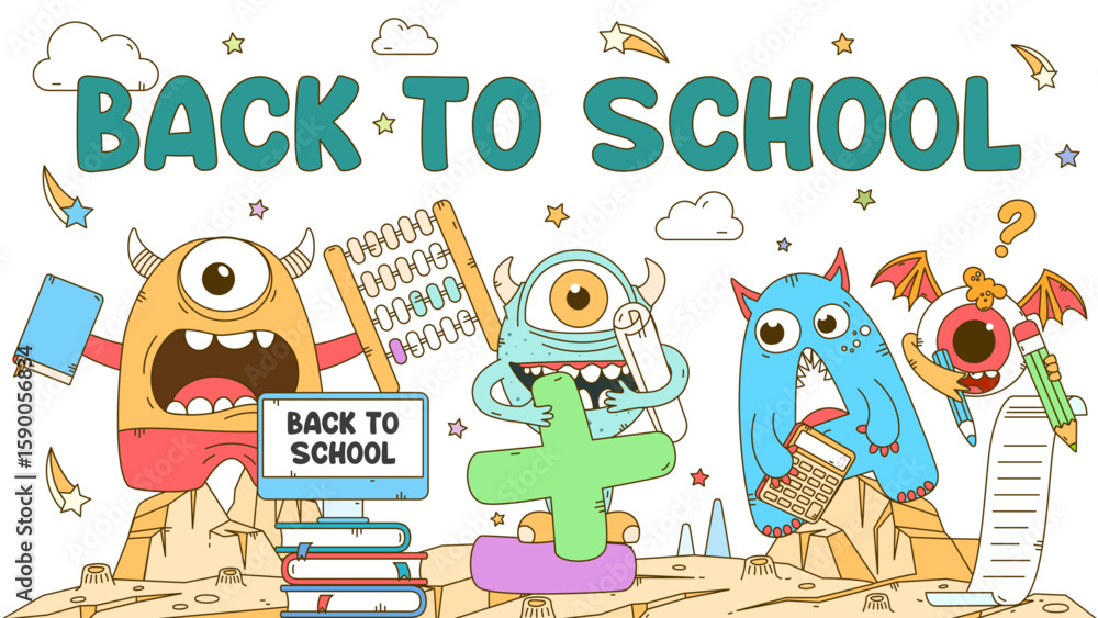 Fototapeta premium Back to school. Cute monsters with school math supplies, pencil, book, notebook, calculator. Fun cartoon background for kids education. Vector illustration.