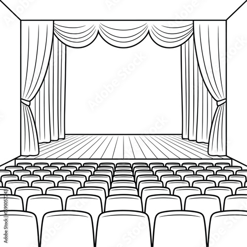 Black and white theatre stage and audience, perfect for coloring books.