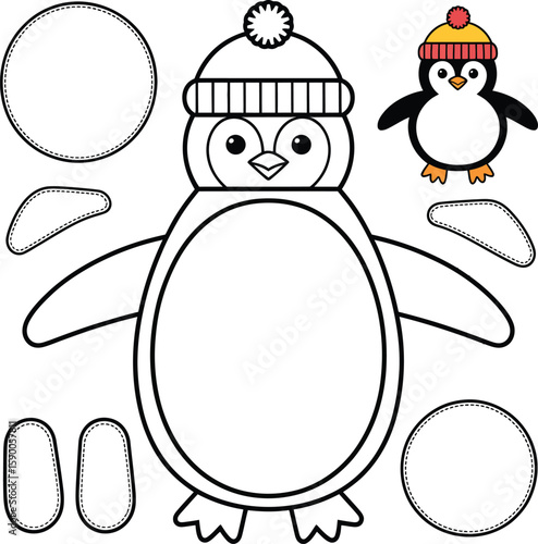 Printable penguin coloring page with craft pieces for kids
