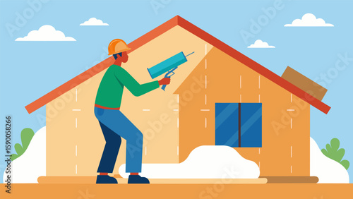 A laborer using a staple gun to secure large sheets of foam insulation onto the walls of a newly constructed house.. Vector illustration