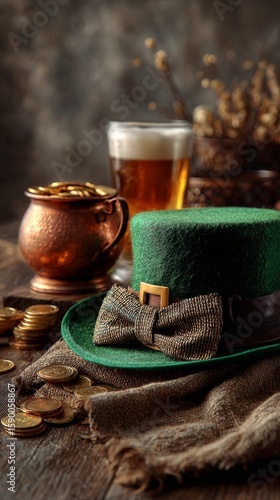 Celebrate St Patricks Day With Green Hat, Beer, and Gold Coins on a Festive T...