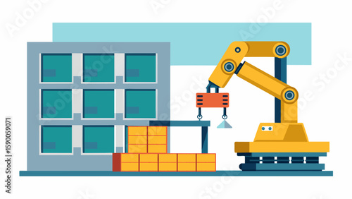 A wall panelizer robot assembles prefabricated panels and facade elements with speed and accuracy saving time and labor costs.. Vector illustration