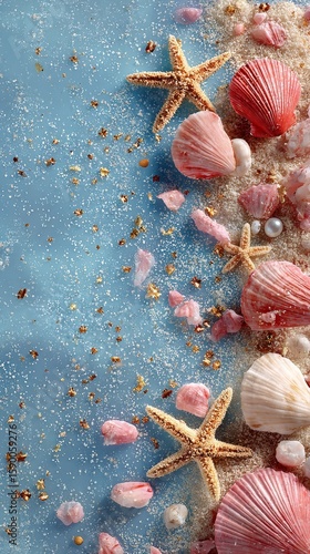 Decorative Beach Arrangement With Shells and Pearls on Soft Fabric.